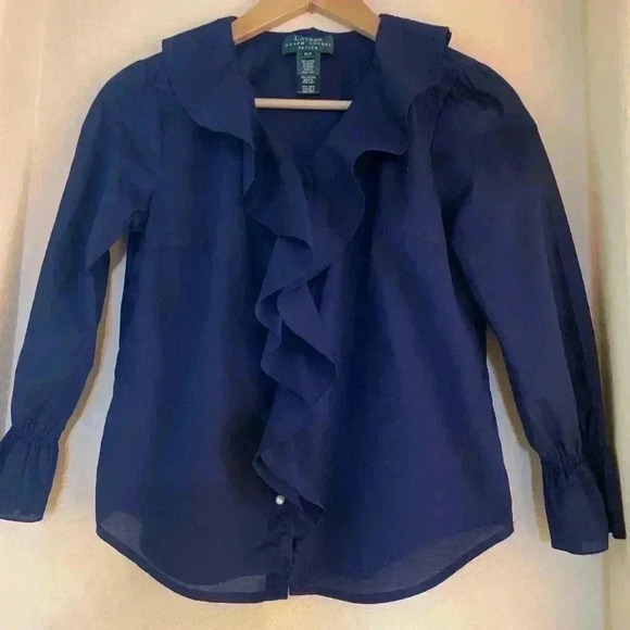 Lauren Ralph Lauren Button Down Ruffle Front Petite Top - Picture 1 of 5
